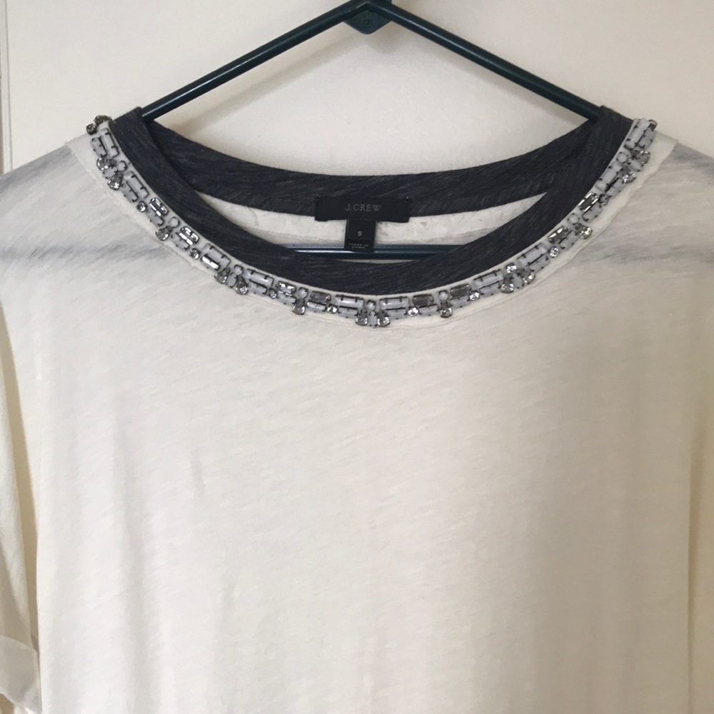 J Crew Ivory Jewel Neck T Shirt Loose Fit Small